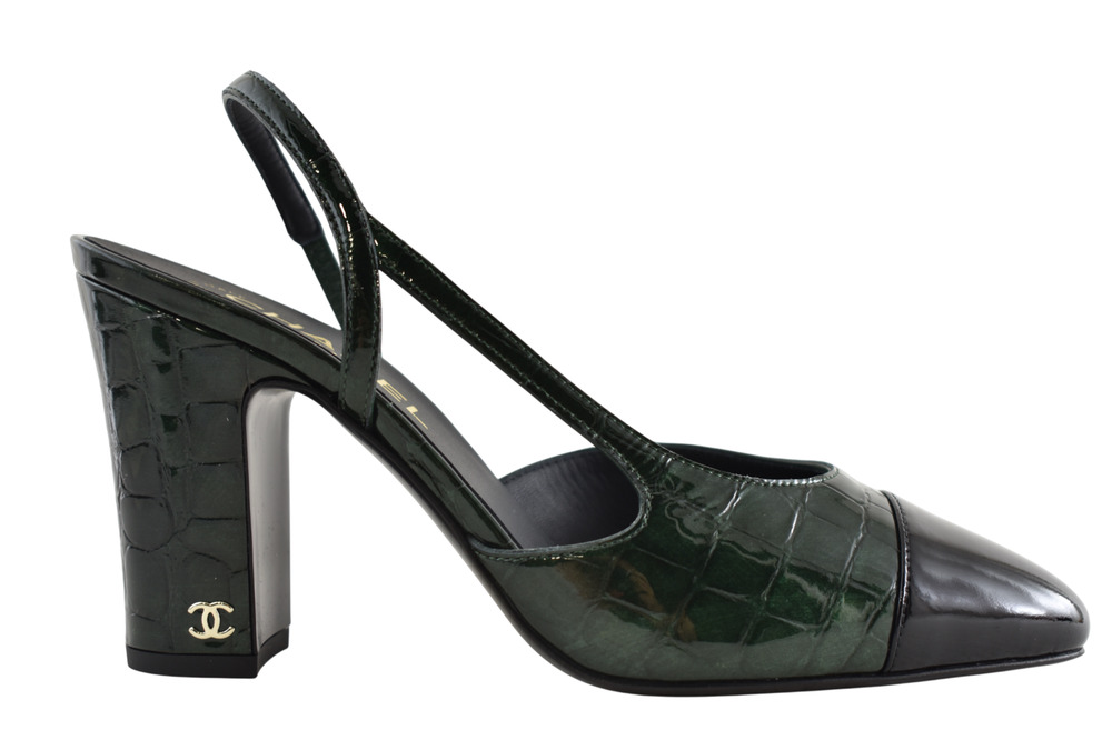 Chanel 26A Green Black Crocodile Croc Coco Sling Slingback Block Heel Pump 40c